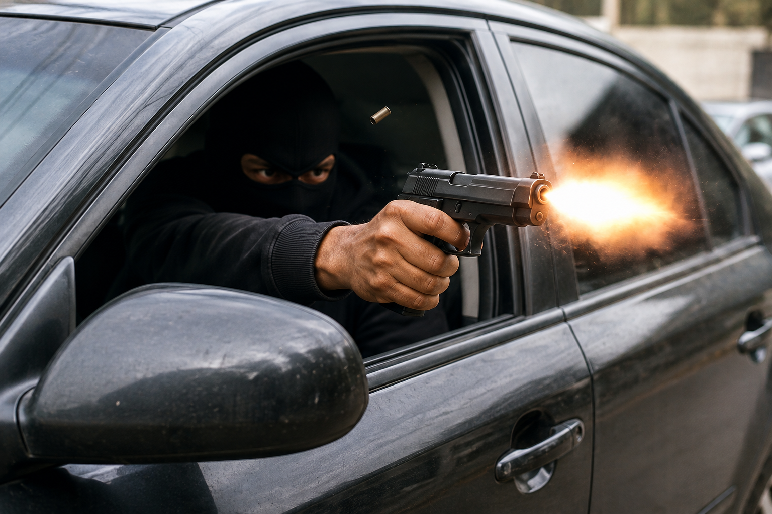 An illustration of a gunman shooting from inside the car. This is not the original picture of what transpired.